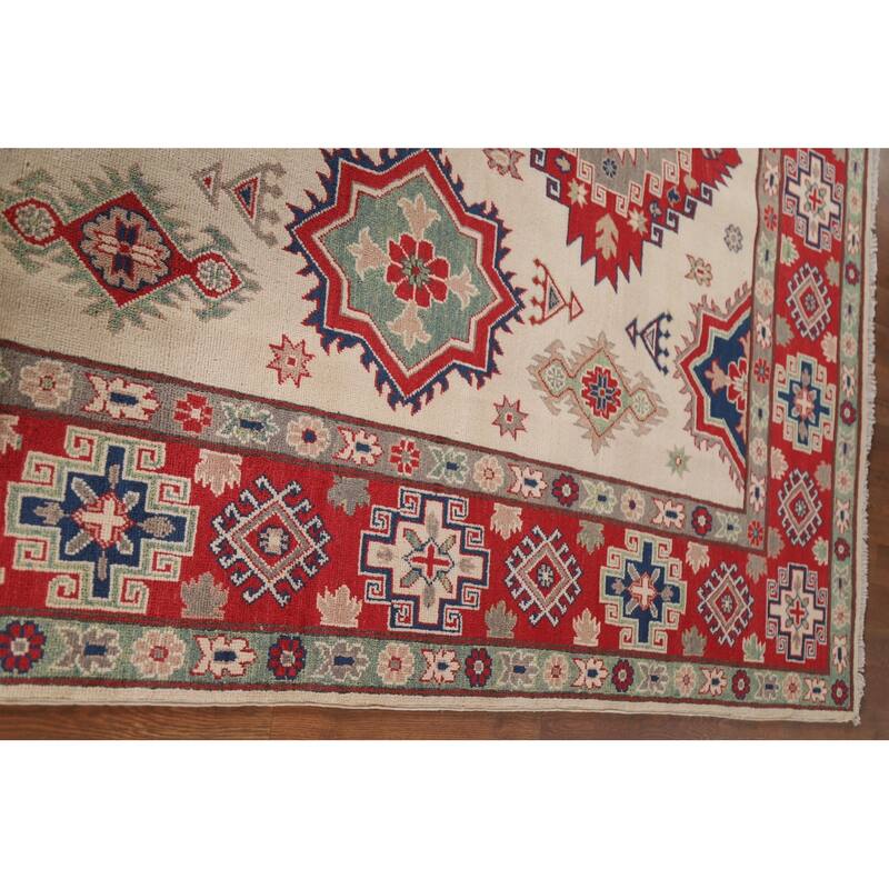 Hand Knotted Oriental 100% Wool Carpet Traditional Geometric Beige & Ivories Kazak Area Rug - 9' 9'' X 6' 8''