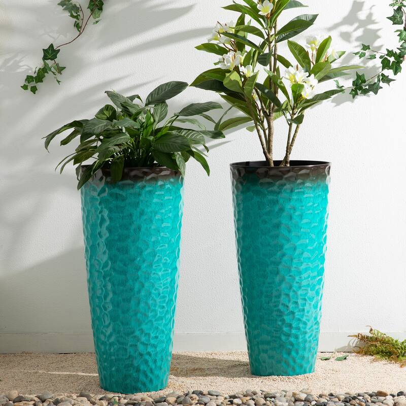 Glitzhome 31"H Set of 2 Oversized Eco-Friendly PP and Stone Honeycomb Textured Red Tall Plastic Planter