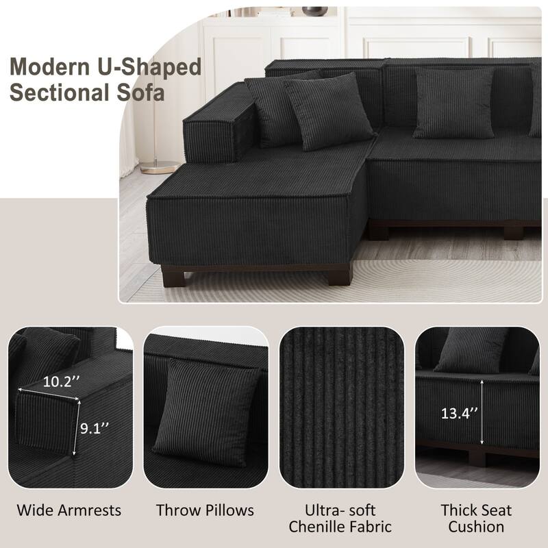 130" U-Shaped Upholstered Sectional Sofa with RGB LED Light Strip and 6 Pillows