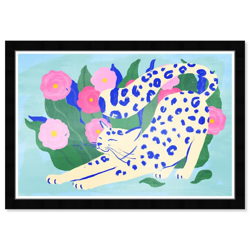"Cat Yoga", Wild Cat Garden Modern Blue Framed Wall Art Print for Bedroom - 15 x 21 - Black
