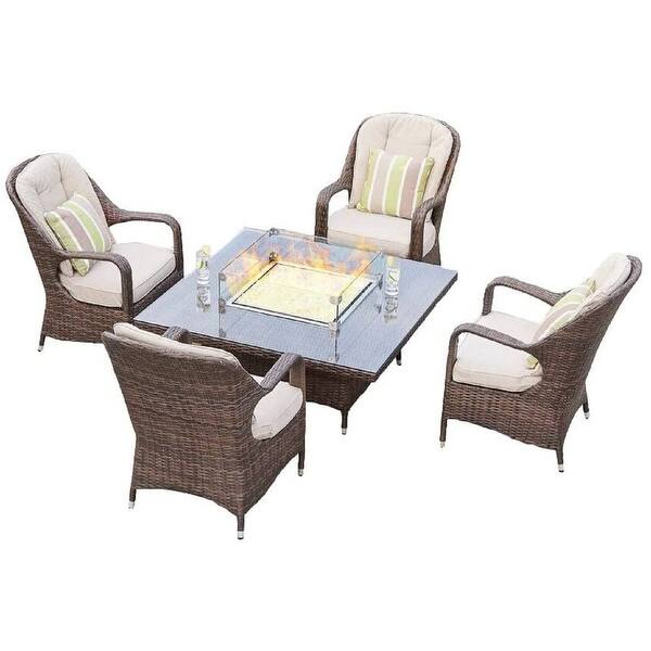 Shop Eton 5 Piece Wicker Patio Furniture Dining Set Gas Fire Pit Dining Table Garden Rattan Conversation Sofa Set Brown Overstock 32480100