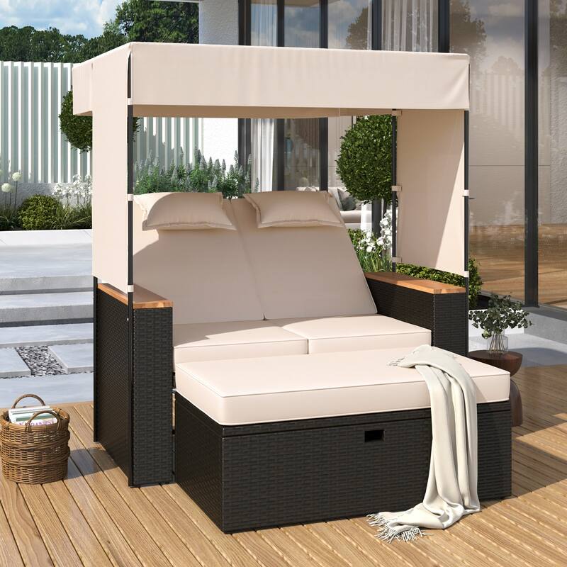 2-Piece Outdoor Rattan 5 Positions Daybed with Bench & Cushions - Brown+Beige