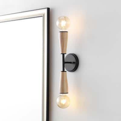 Nicole 5.13" 2-Light Modern Designer Iron/Wood Double Sided Hourglass LED Sconce, Light Brown/Black by JONATHAN Y