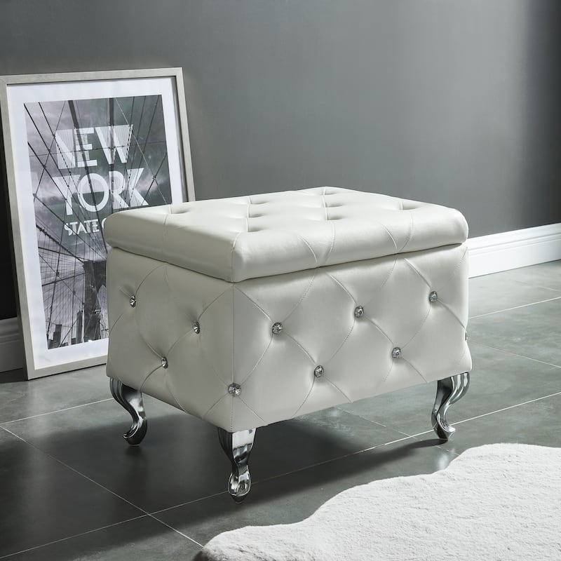 Monique-Velvet Storage Bench with Crystals - Faux Leather - White - Faux Leather