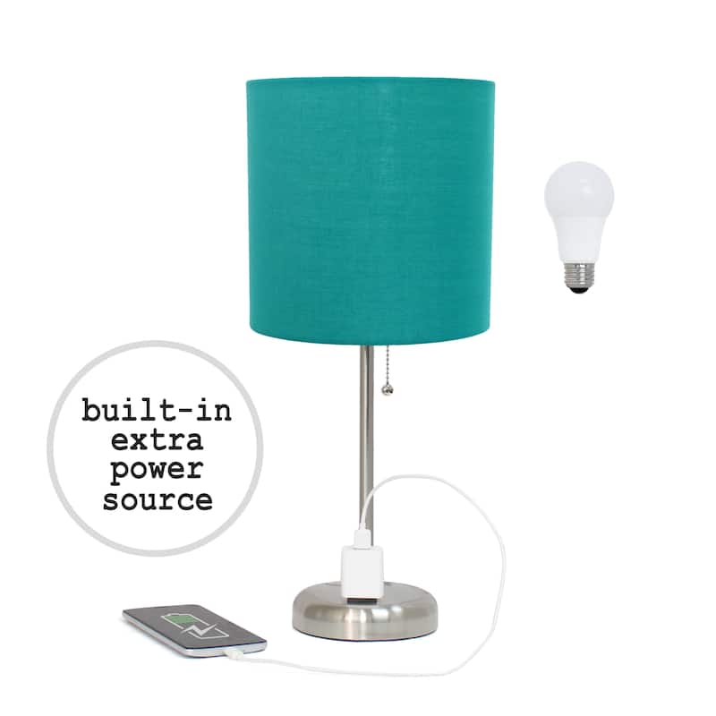 Simple Designs 9.5" Desk Lamp with Charging Outlet and LED Bulb Included - 19.50 - Brushed Steel/Teal Shade