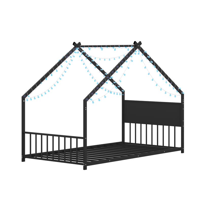 Full Size House Bed with Roof and LED Lights, Sturdy Metal Frame