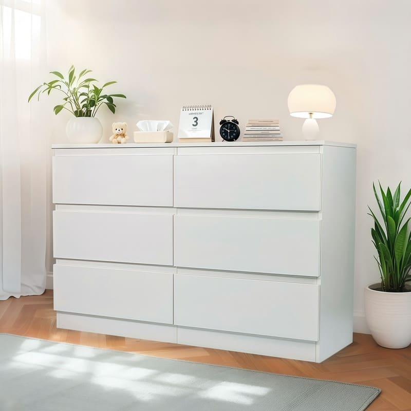 6-Drawer White Modern Dresser with Spacious Countertop, Wood Storage Cabinet with Concealed Handles