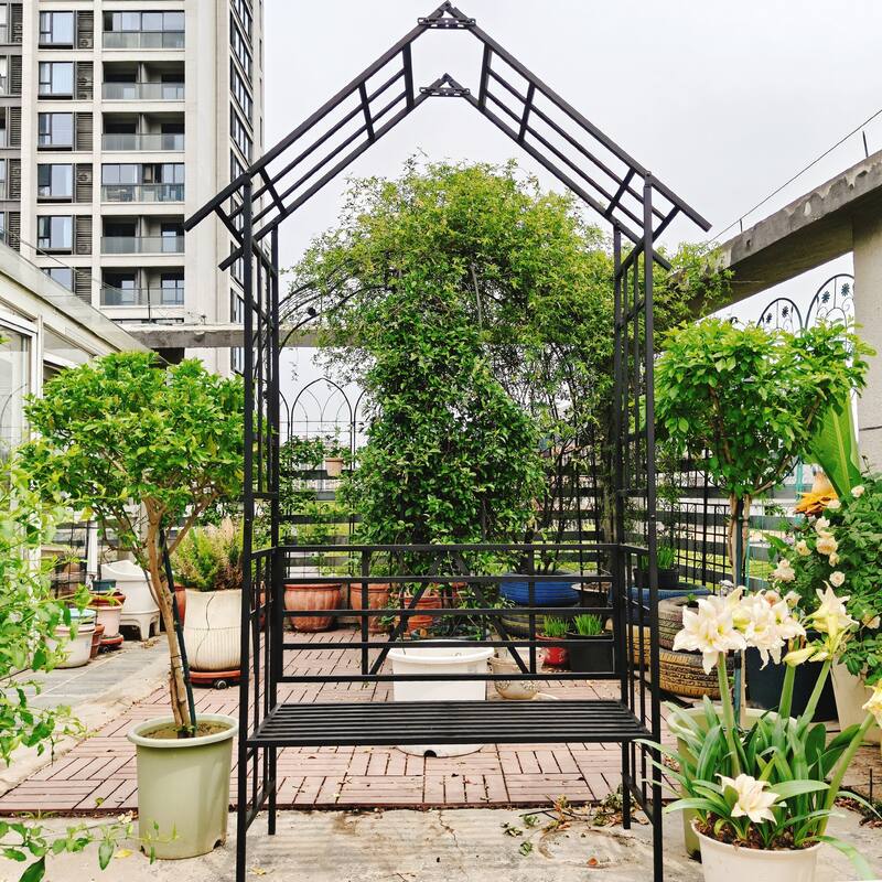 Metal Garden Arch with Bench Turned into Flower Stand Climbing Plants Support Rose Arch Outdoor Black