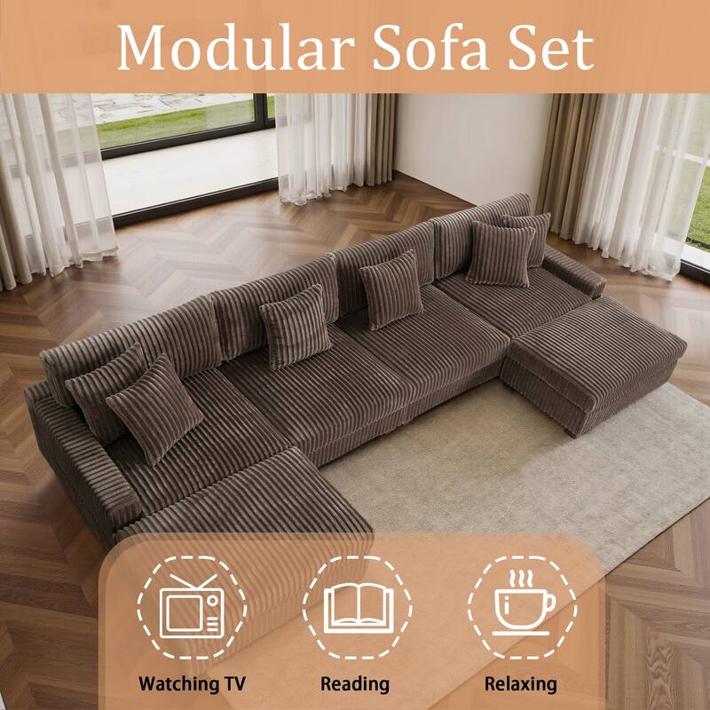 Modular Cotton Flannel Plush Sectional Sofa with Ottomans