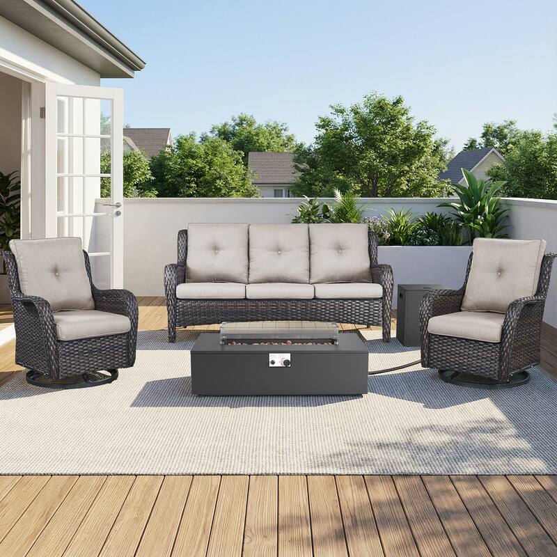 Pocassy Patio 5/7 Piece Sofa Swivel Chair Ottoman with Fire Pit Table - Brown Wicker Beige Cushion - 5-Piece Sofa Swivel Chair with Fire Pit Table