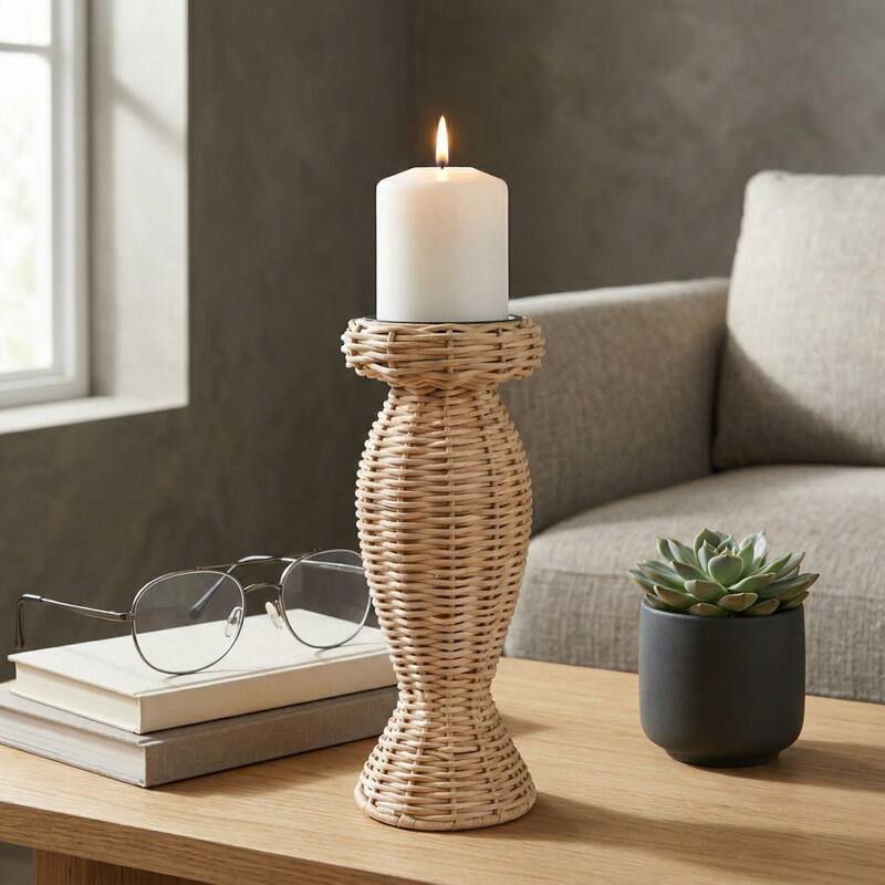 Candle Holder - Brown Metal Handwoven Raffia Pillar
