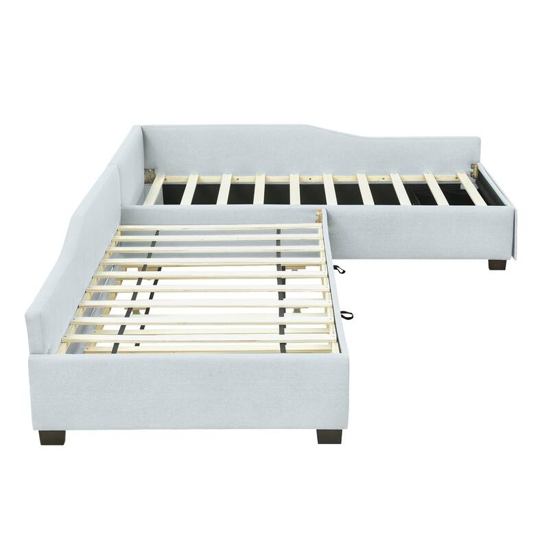 3-in-1 Daybed L-shape Corner Sofa Bed with Pull-out Drawer and Trundle Bed, Linen Upholstered Bed Twin Size Sleeper Couch Bed