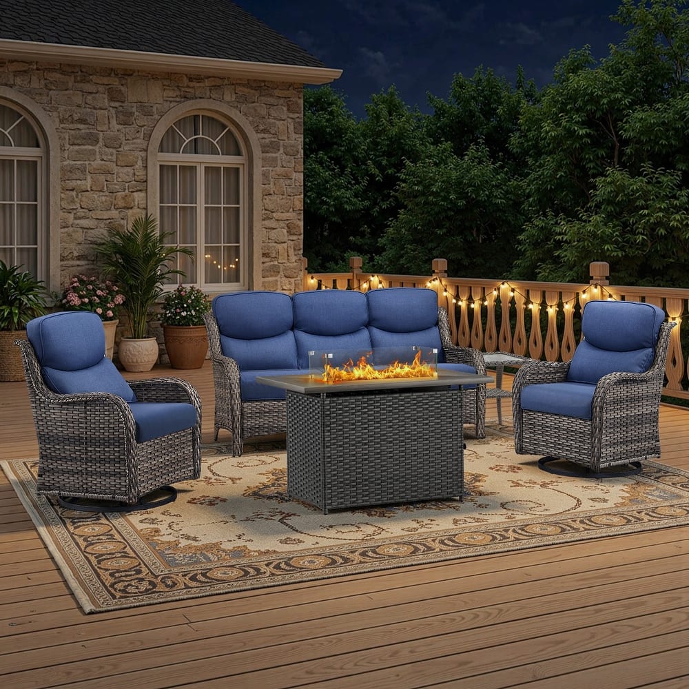 Meyreso 5-Piece Outdoor Patio Wicker Fire Pit Conversation Set with 5-Inch Thick Olefin Cushions