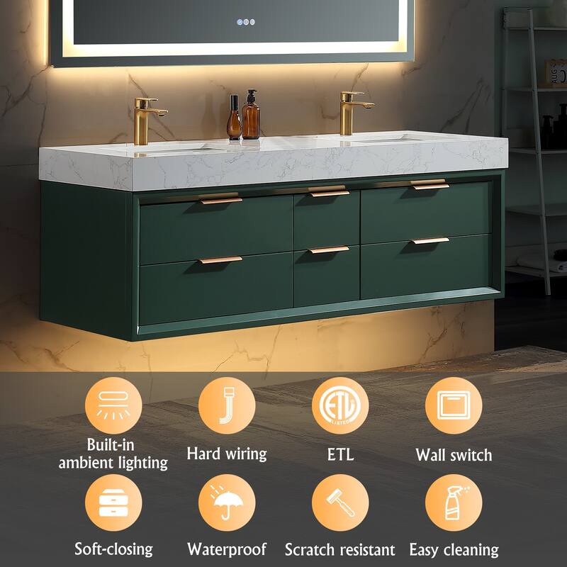 36/48/60 Modern LED Floating Bathroom Vanity with Single/Double Sink & Soft-Close Drawers & Waterproof, Green