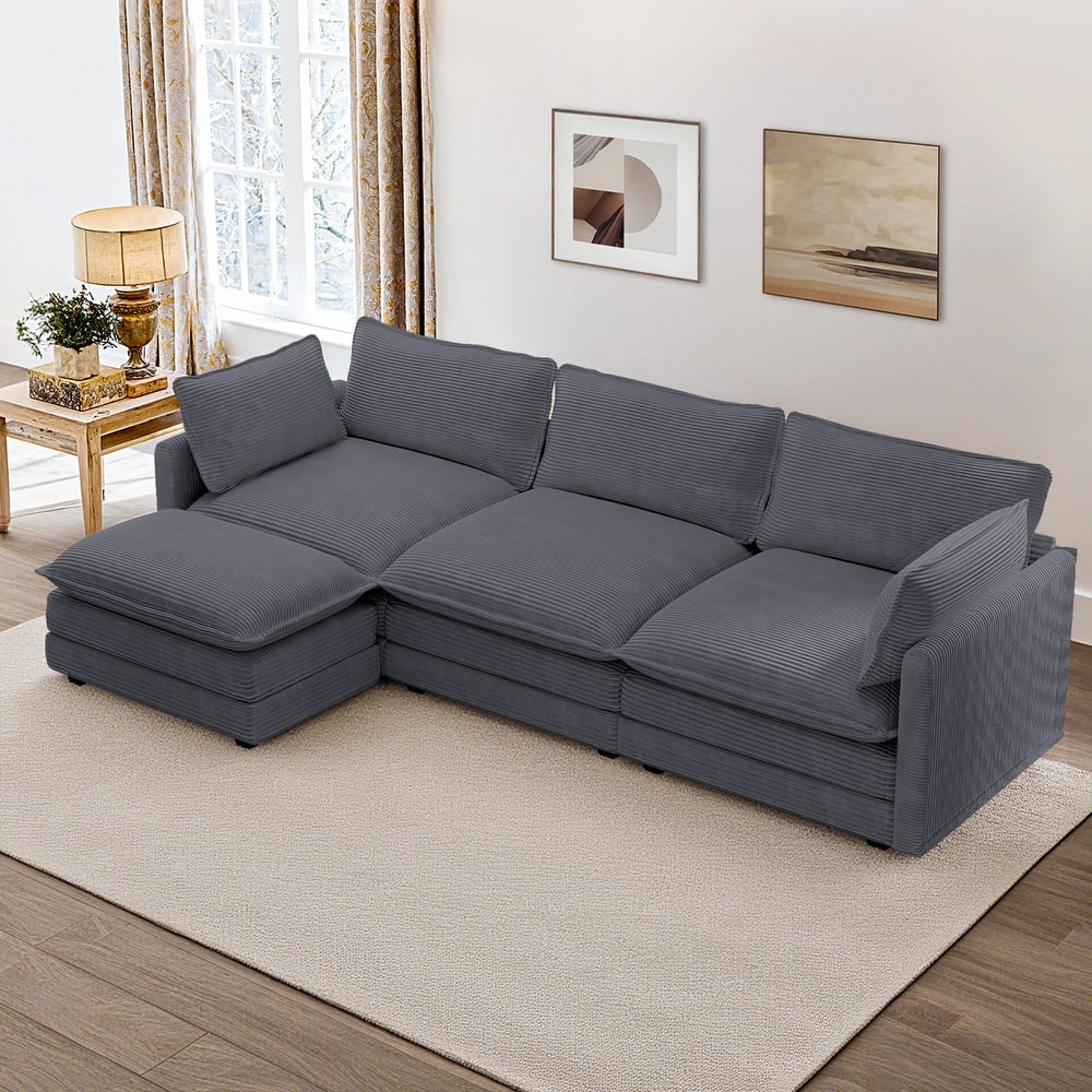 Oversized Modular Corduroy Sectional Sofa Set with Ottoman, 3-Seater / 4-Seater Deep Seat Lounge Couch for Living Room