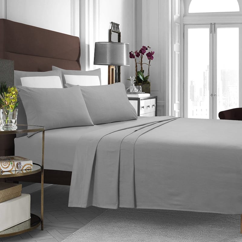 Cotton Flannel Extra Deep Pocket Bed Sheet Set with Oversize Flat Sheet - Queen - Silver Grey