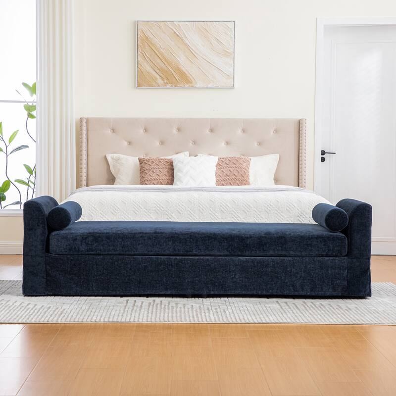 90.55" Wide Modern Bench,Window-side Bench with Armrests,Chenille Chaise Lounge Couch with 2 Bolster Pillows