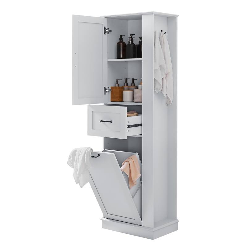 Modern Tall Storage Cabinet - Tilt-Out Compartment, Adjustable Shelves, 80LBS Capacity, Soft-Close Hinges