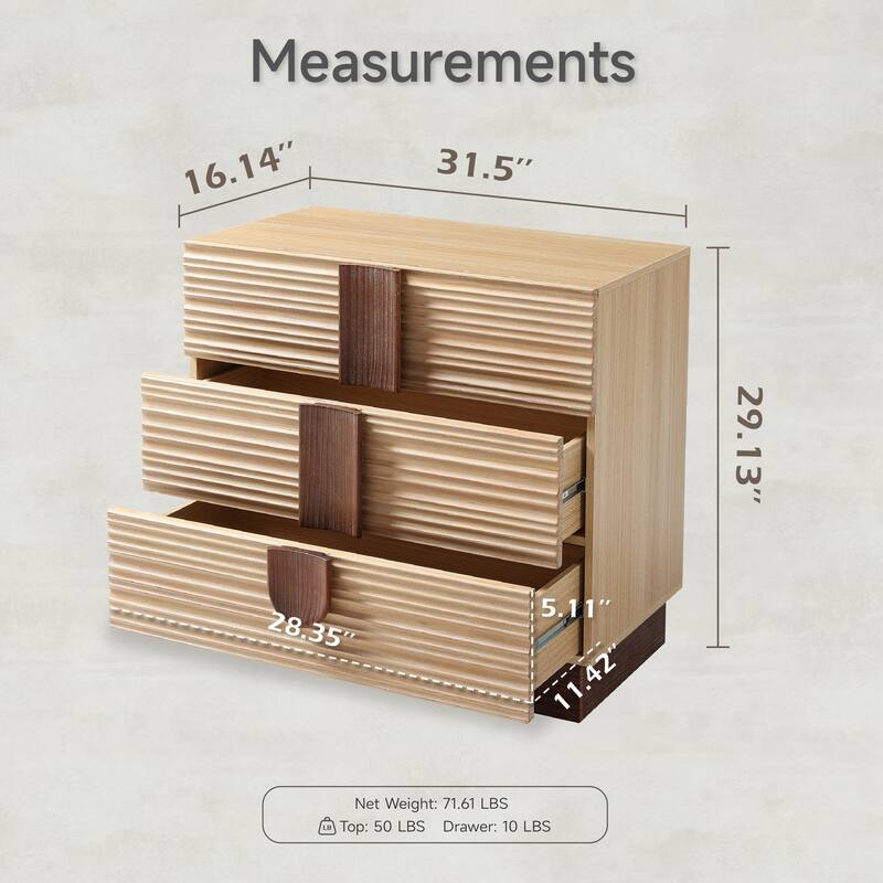 COZAYH Modern Farmhouse Dresser with Grooved Front Design, Spacious Rustic Bedside Chest for Bedroom Light Natural Wood Finish