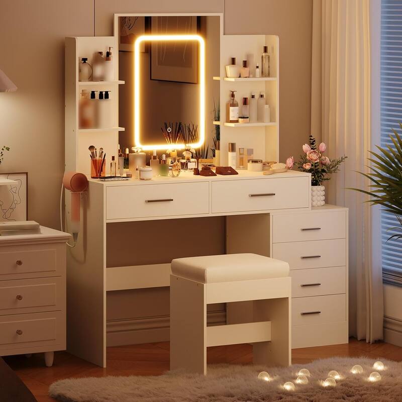 Vanity Desk with Mirror, LED Lights & Power Outlet, Makeup Table with 6 Drawers, 6 Shelves & Stool for Bedroom