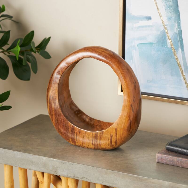 Teak Wood Abstract Handmade Round Sculpture - Brown - Roche River Decor