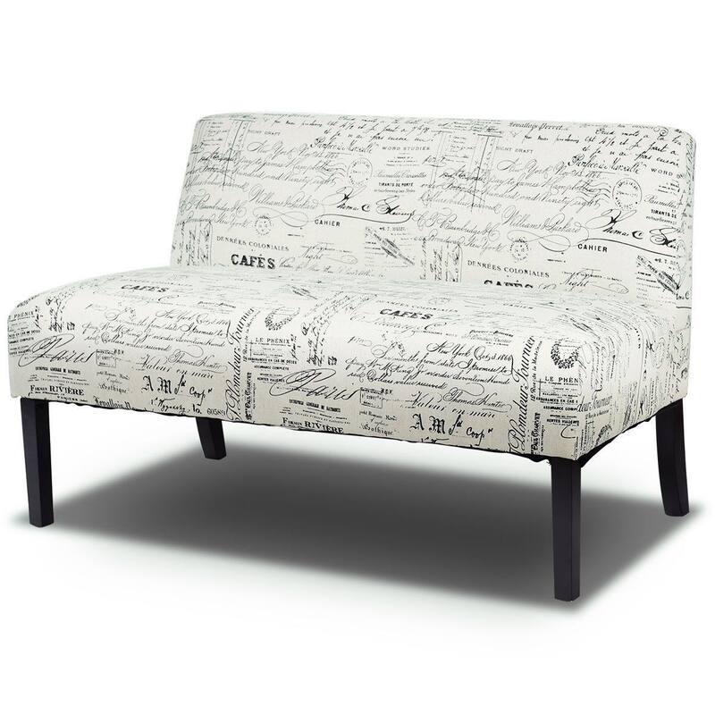 Modern Loveseat Sofa with Off-White Cursive Pattern Upholstery and Black Wood Legs - 50" x 28" x 30.5" (L x W x H)