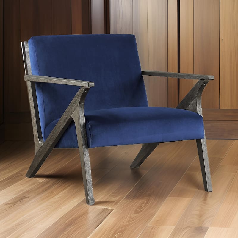 Esme 35 Inch Accent Chair Wood Armchair, Blue Velvet Cushioned Seat, Gray