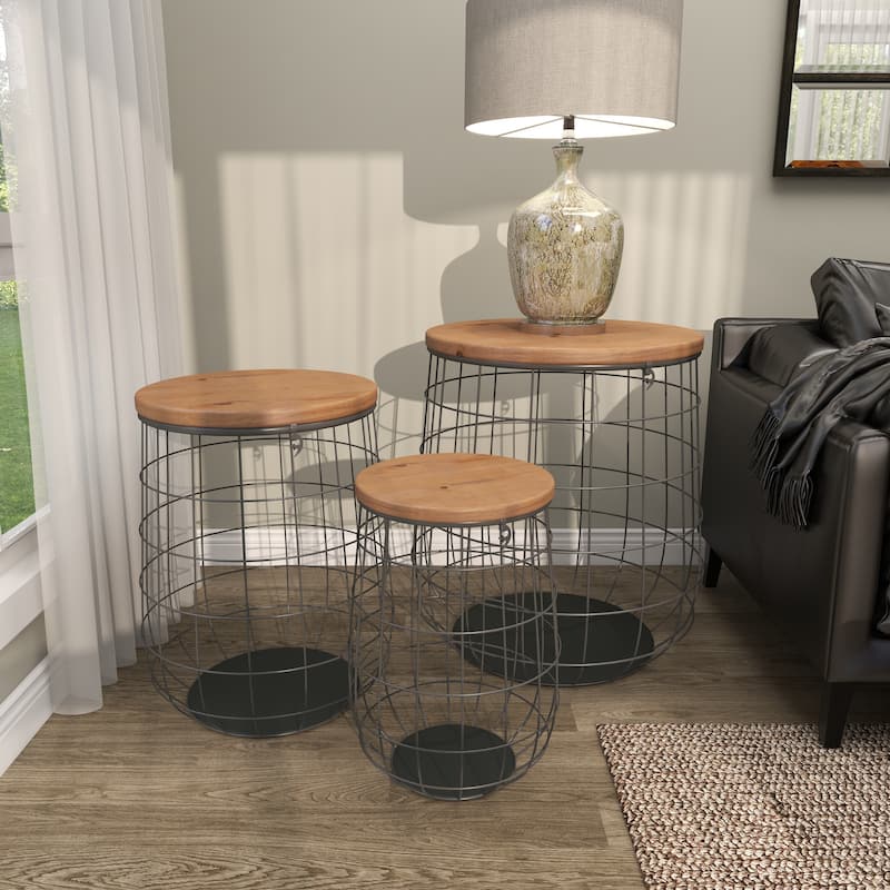 Brown Metal Decorative and Functional Storage Basket with Wood Lids (Set of 3)