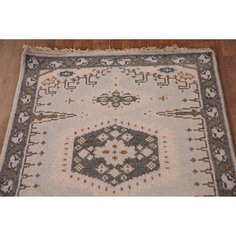 Geometric Kazak Runner Rug Hand-Knotted Grey Wool Carpet - 2'7"x 9'10"