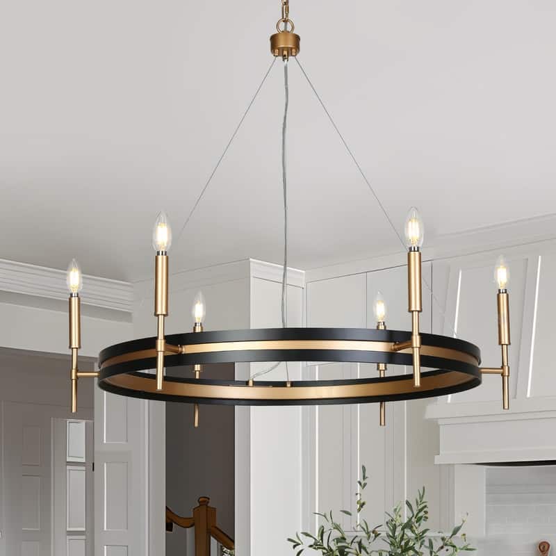 Modern Farmhouse 6-Light Black Gold Wheel Chandelier for Dining Living Room - D33.3" x H92.3" Max