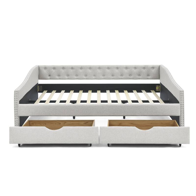 Queen Size Upholstered Tufted Daybed with Drawers and Button on Back
