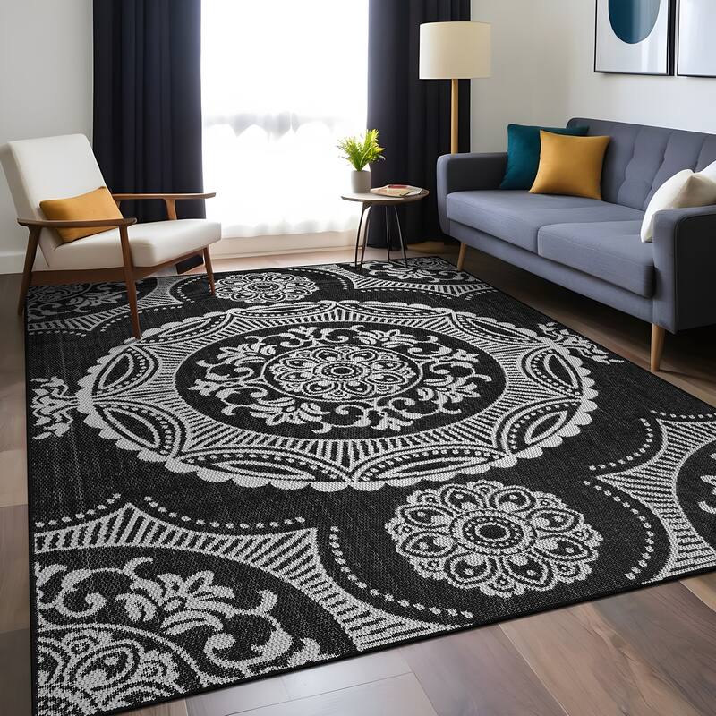 Beverly Rug Blue Medallion Indoor Outdoor Rug, Outside Carpet for Patio, Deck, Porch
