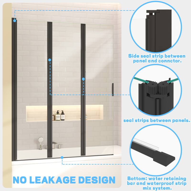 Foldable Hinged Pivot Tub Door in Matte Black with Clear Tempered Glass