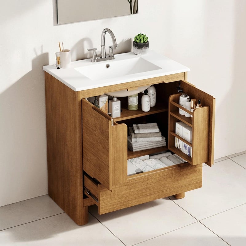 30 Inch Modern Bathroom Vanity with Ceramic Sink, Natural Wood Grain Cabinet, Solid Wood Frame