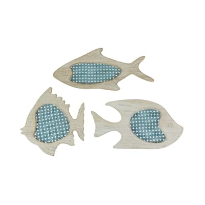 Set Of 3 Blue And White Wood And Metal Mesh Fish Wall Hangings