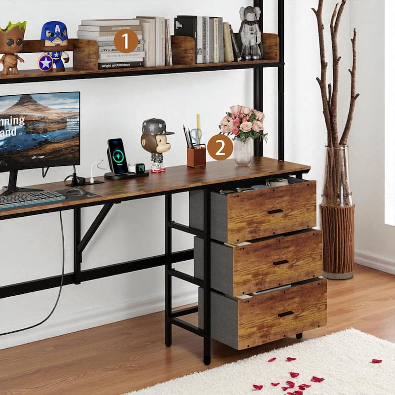 Twin Size Loft Bed with L-Shaped Desk, Metal Frame with Charging Station, Fabric Drawers & Shelves, Safety Guardrail