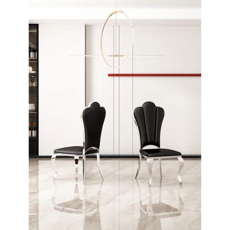 Modern Leatherette Dining Chairs Set of 2, Unique Backrest Design with Stripe Armless Chair - Black PU