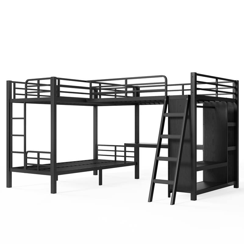 L-shaped Triple Bunk Bed with Desk and Wardrobe, Twin XL over Twin XL Bunk Bed with an Attached Full Loft Bed