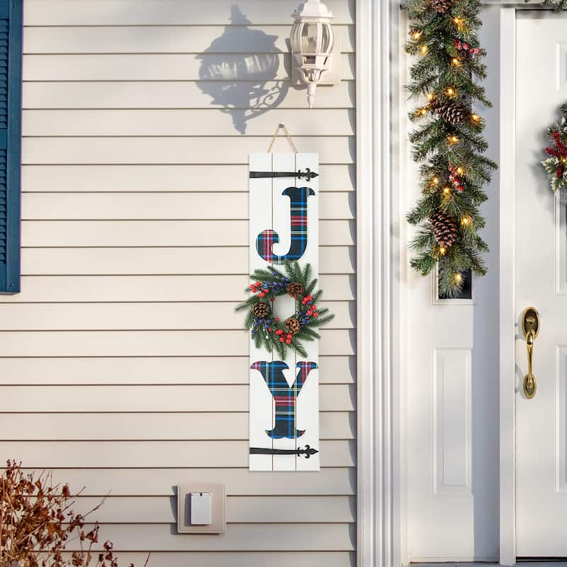 Glitzhome 40"H Lighted or Plaid Wooden JOY Porch Sign - Red