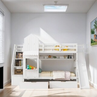 Twin Over Twin Size Bunk Bed Kids Bed with 2 Drawers 3 Shelves and Slide, White