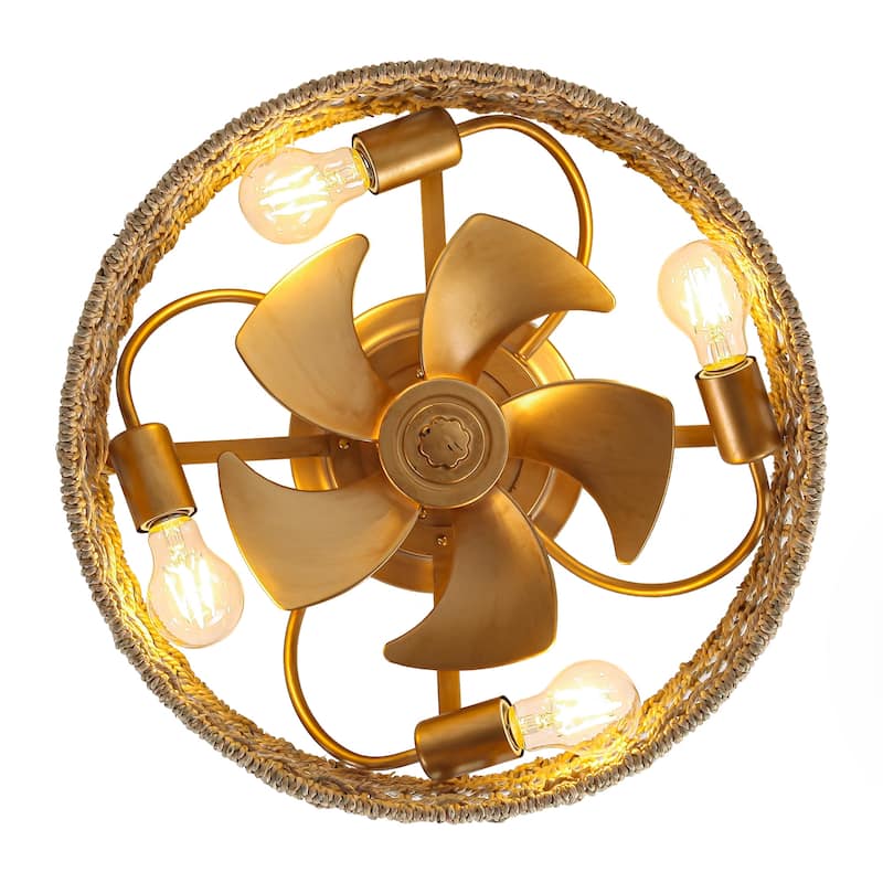 17.7" Natural Corn Straw Rope Gold Fandelier Flush Mount Ceiling Fan with Remote and App