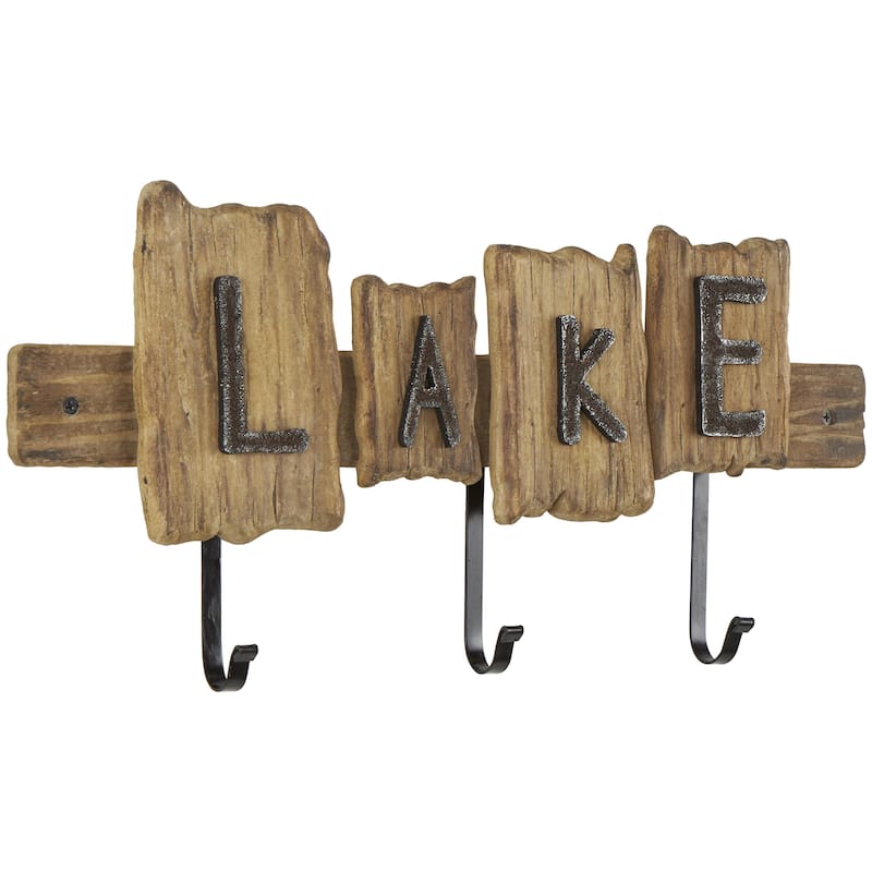 Wood Handmade Live Edge Lake Sign 3 Hanger Home Wall Hook with Metal Accents - Brown - Roche River Decor