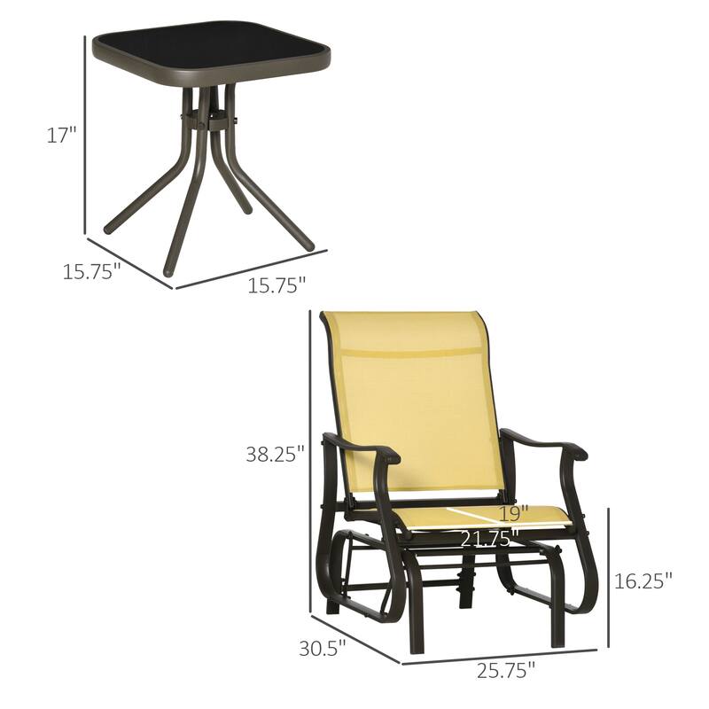 Outsunny 3-Piece Outdoor Gliders Set Bistro Set with Steel Frame,Tempered Glass Top Table for Patio, Garden, Backyard, Lawn