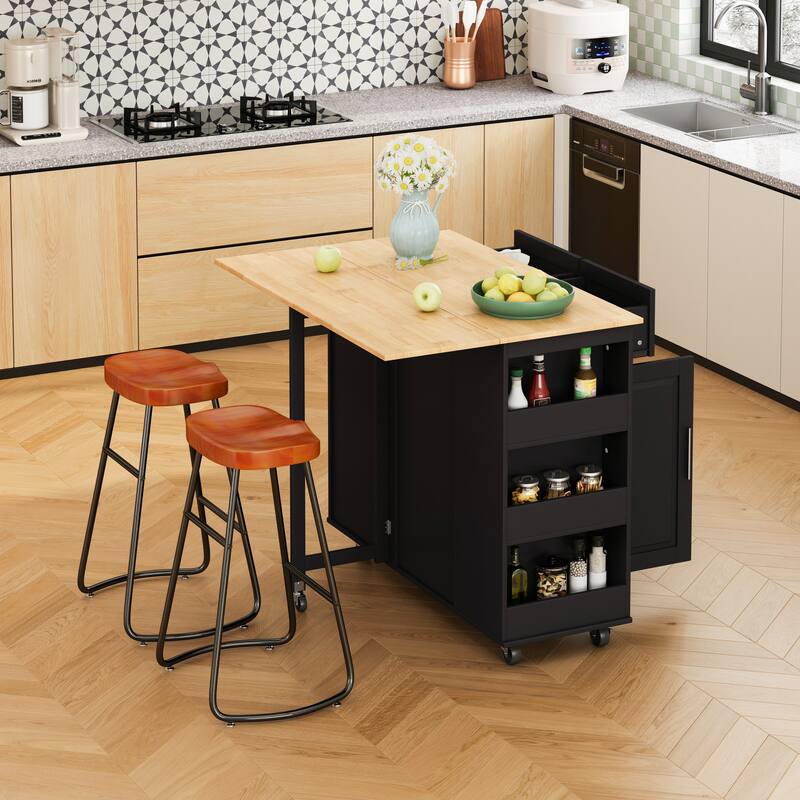 Rolling Kitchen Island on Wheels, Drop Leaf Kitchen Cart with Seating, Breakfast Bar Set with 2 Bar Stools and Wine Storage