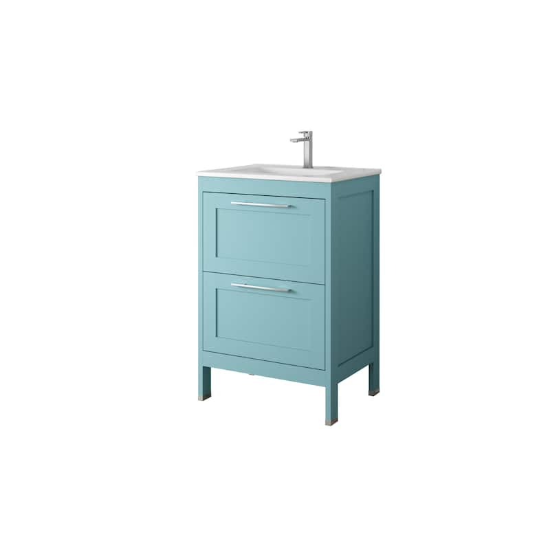 HomeRoots 24" Blue Wood Freestanding Bathroom Vanity With White Sink And Two Drawers - 24.00 in. x 35.06 in. x 17.75 in.