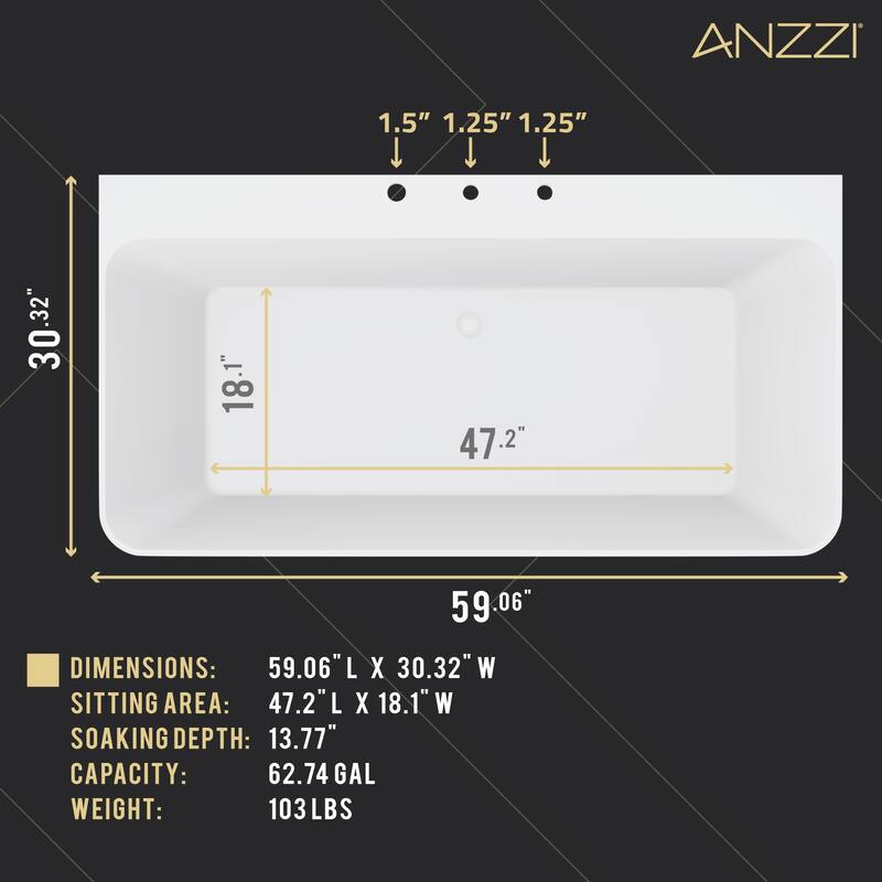 Vault Series 59 in. x 30 in. Flat Bottom Acrylic Freestanding Soaking Bathtub with Center Drain, Brushed Gold Faucet