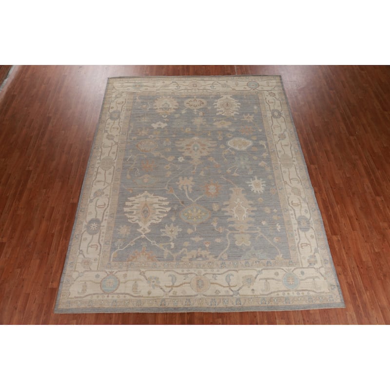 Hand Knotted Oriental 100% Wool Carpet Transitional All-Over Navy Blue & Blues Oushak Area Rug - 11' 11'' X 9' 0''