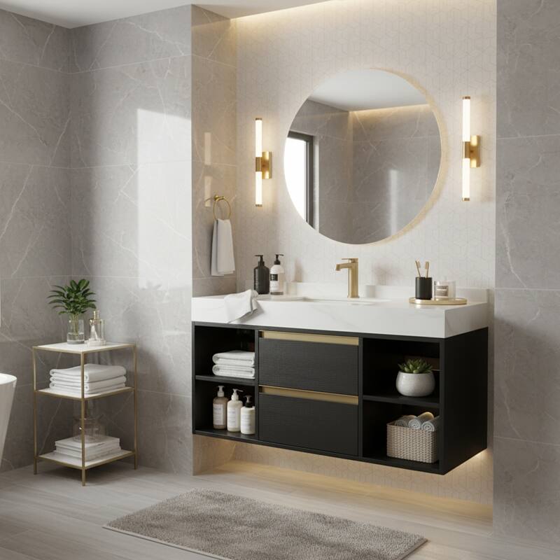 Modern Wall-Mounted Bathroom Vanity with Faux Marble Top and MDF Cabinet, Single Sink