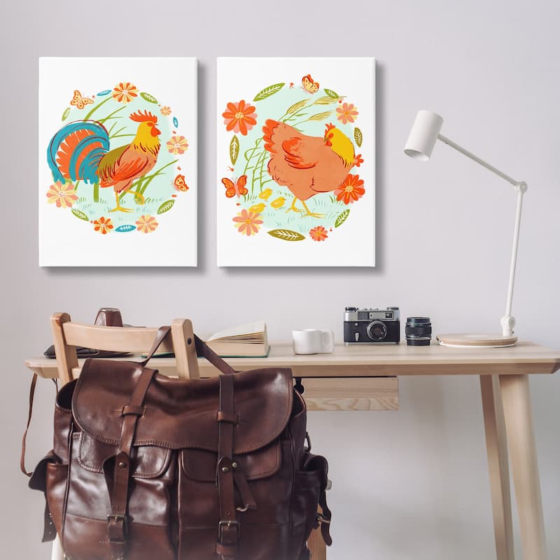 Stupell Rooster & Hen with Florals Canvas Wall Art Design By Hannah Moren (Set of 2)
