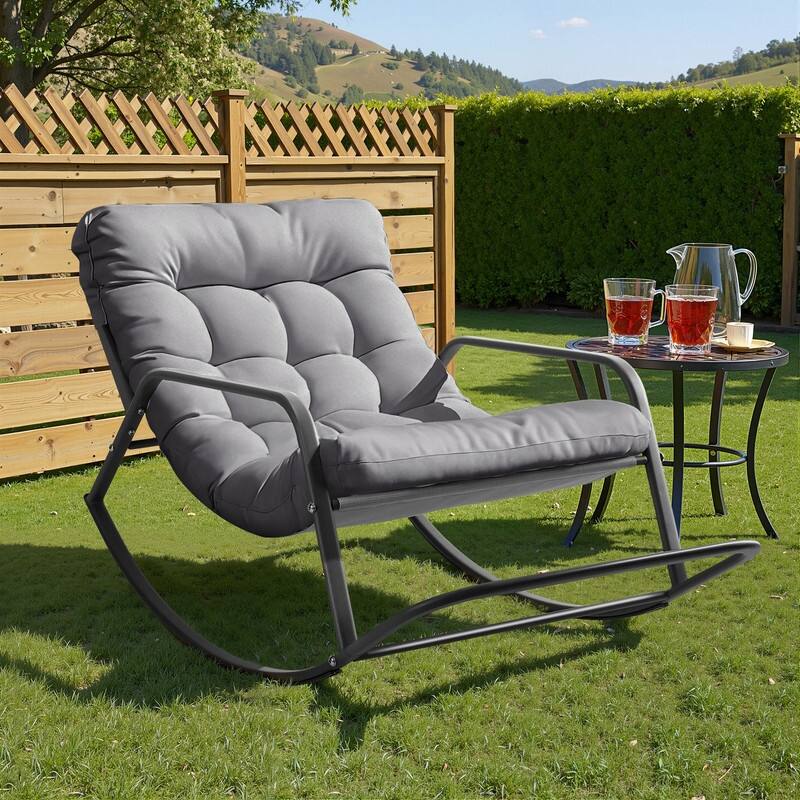 FINCATI Outdoor Patio Oversized Rocking Chair Papasan, Comfy Rocking Lounge Chair, Metal Rocking Chair with Cushion - 1 PC-Light Grey